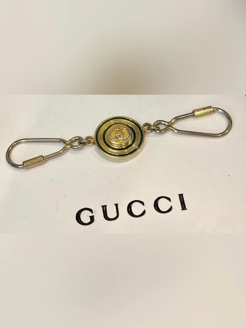 Vtg. GUCCI Horse-bit Green & Gold Round Enamel Keychain